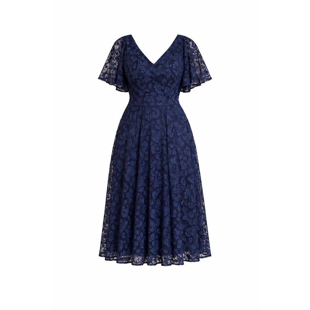 Kiyonna Lace Overlay Dress Sz 1X Blue Empire Waist V-Neck Flutter Sleeve Lined